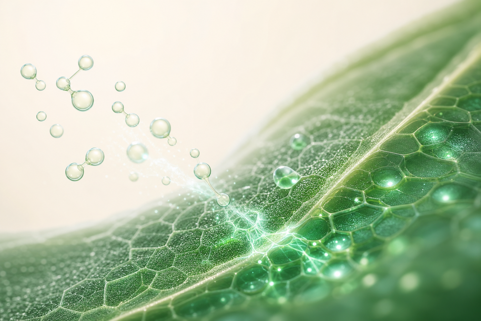 Leaf surface showing abstract molecules being transformed